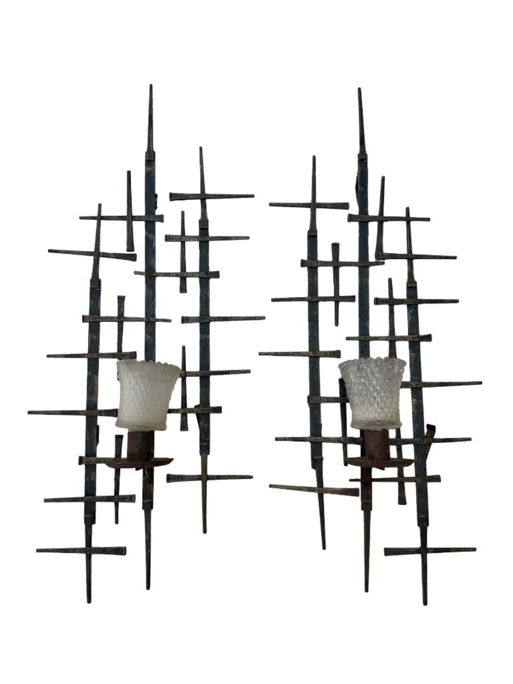 Vintage Brutalist Metal Wall Sconces Pair 24 Inch Sculptural Mid Century Modern